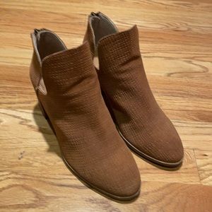 Tan suede booties with wooden heel
